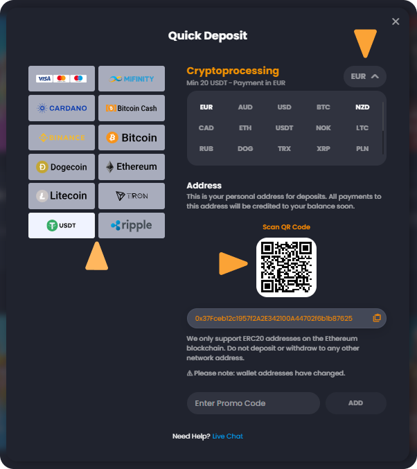 How to Deposit with Tether (USDT) on Bitkingz Casino step 2 Deposit Crypto