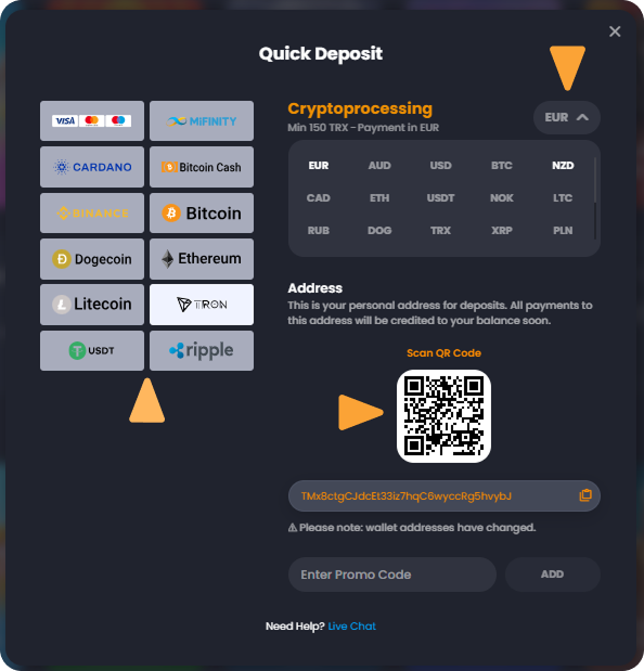 How to Deposit with Tron (TRX) on Bitkingz Casino step 2 Deposit Crypto