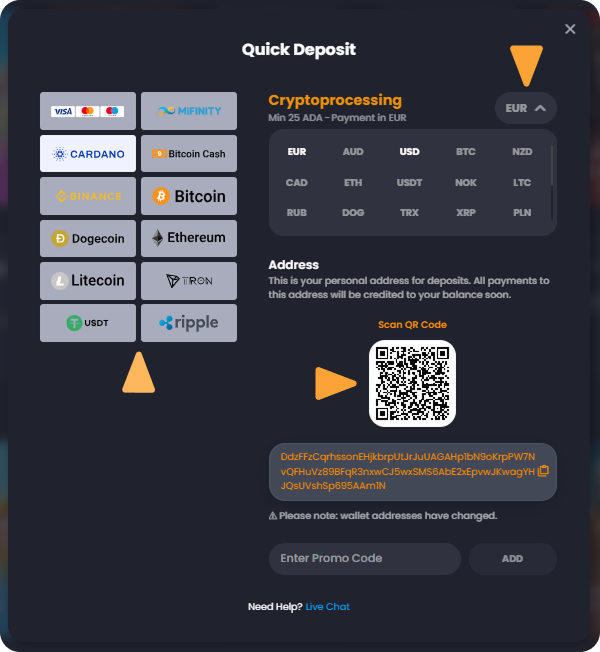 How to Deposit with Cardano (ADA) on Bitkingz Casino step 2 Deposit Crypto