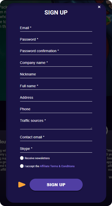 Affiliate Registration on Bitkingz Casino - Form Affiliate Form