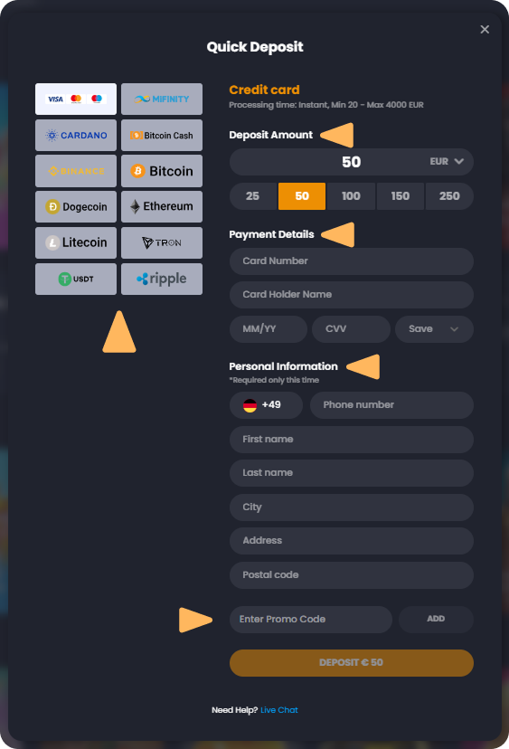 How do I make a deposit step two Quick Deposit form