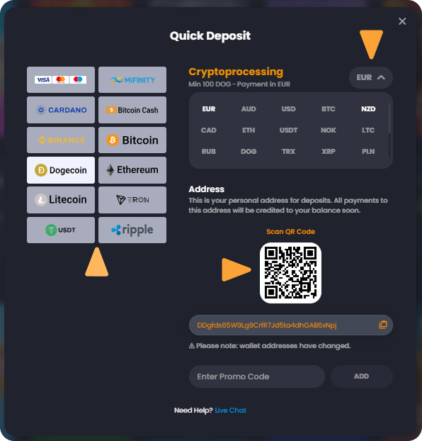 How to Deposit with Dogecoin (DOG) on Bitkingz Casino step 2 Deposit Crypto