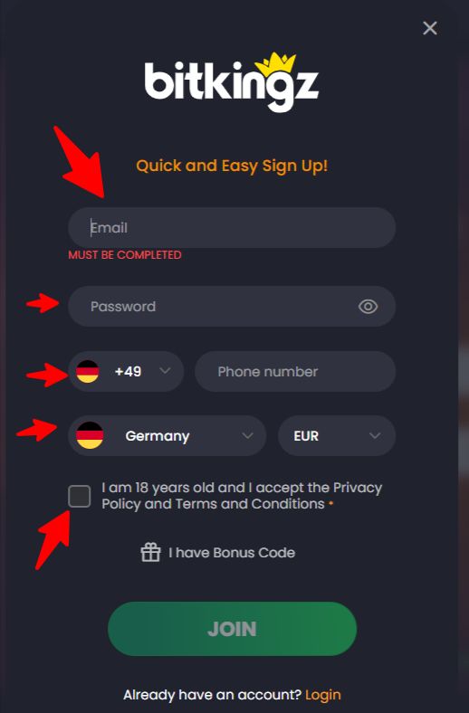 Third step in registration process on Bitkingz casino Registration Form